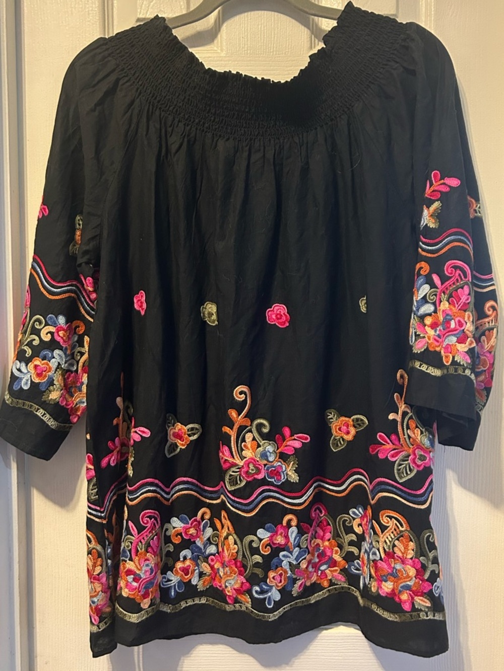 Studio West Black Colorful Embroidered Peasant Blouse 3/4 Sleeves XXL